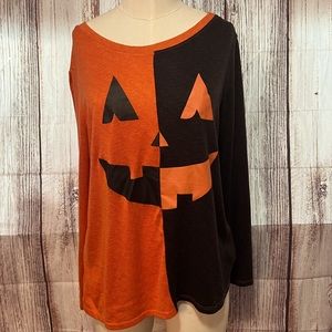 CELEBRATE HALLOWEEN | WOMENS COLORBLOCK LONG SLEEVE SCOOP NEVK PUMPKIN SHIRT